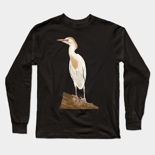 White Cattle Egret Drawing Long Sleeve T-Shirt by esslev